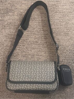 Guess Beige Monogram Crossbody with Black Trim and Pouch